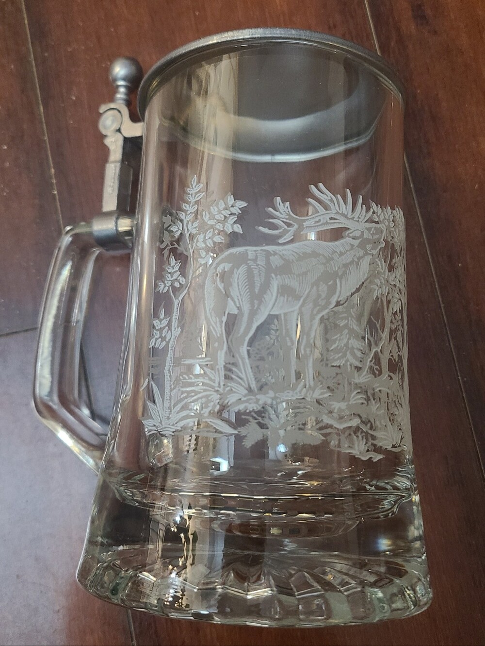 Vintage ALWE West Germany Etched Glass Stag Beer Stein – Pewter Lid – Excellent